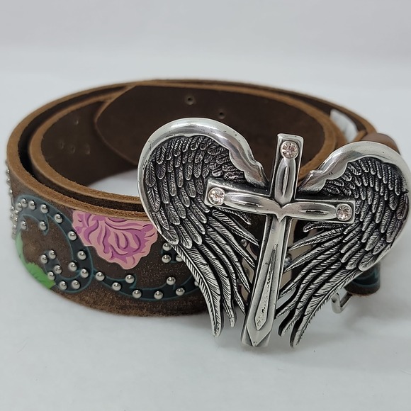 Nocona Accessories - NOCONA Rhinestone Belt Wing Cross Buckle Silver Studs Tool Leather Western Sz S